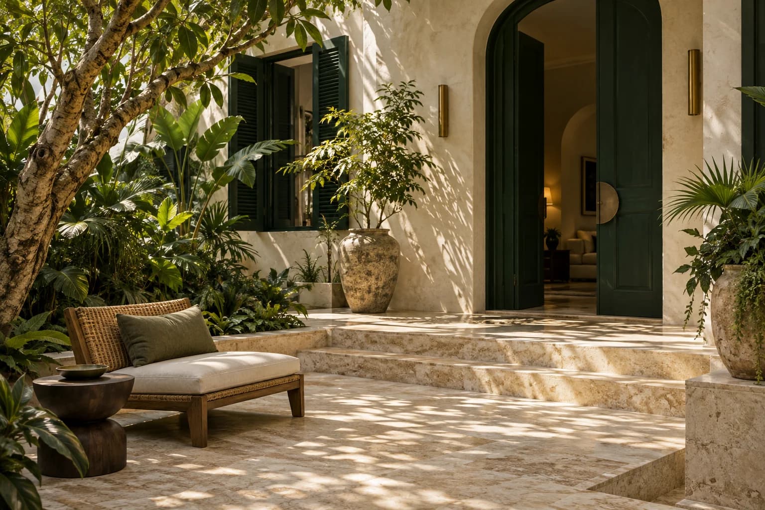 Sunlit boutique hotel courtyard with ivory walls, green shutters and tropical planting