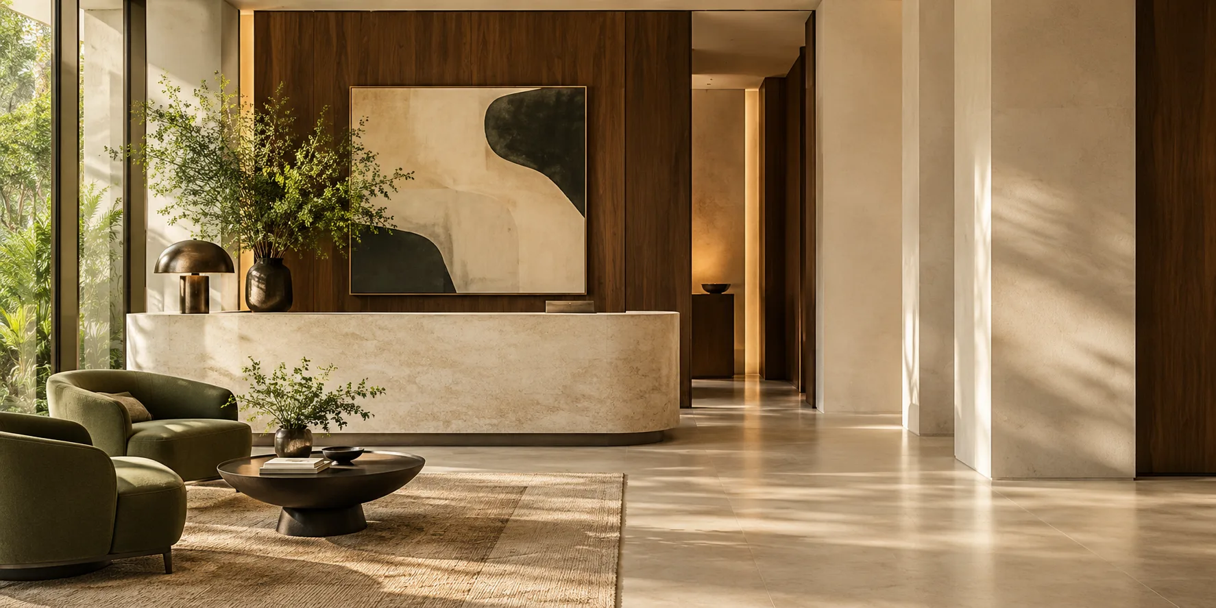 Contemporary boutique hotel lobby with a sculptural limestone reception desk, olive seating and warm natural light